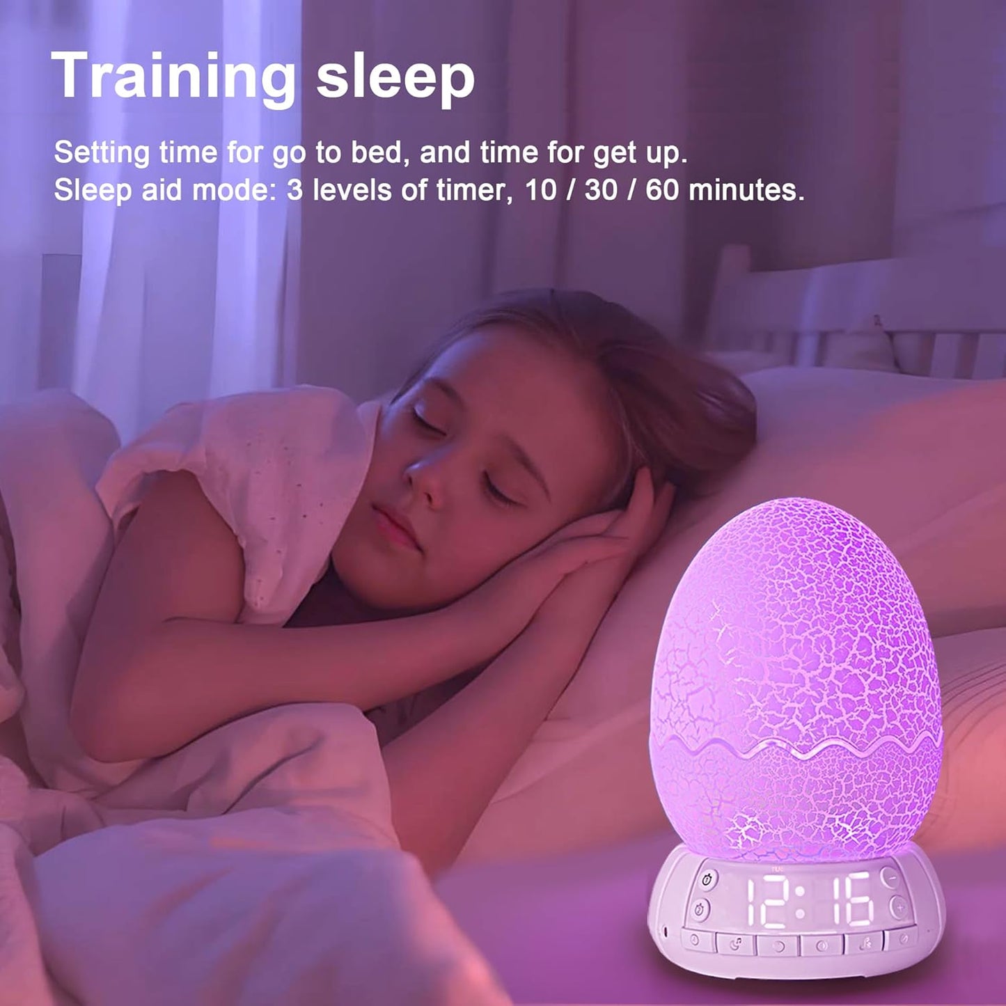 Dinosaur Egg Shape Touch Control Night Light with Pattern Inside, Digital Alarm Clock with Wake Up Light, 20 Soothing Sleep Training Sound and Bluetooth Speaker Box (2025 Style)