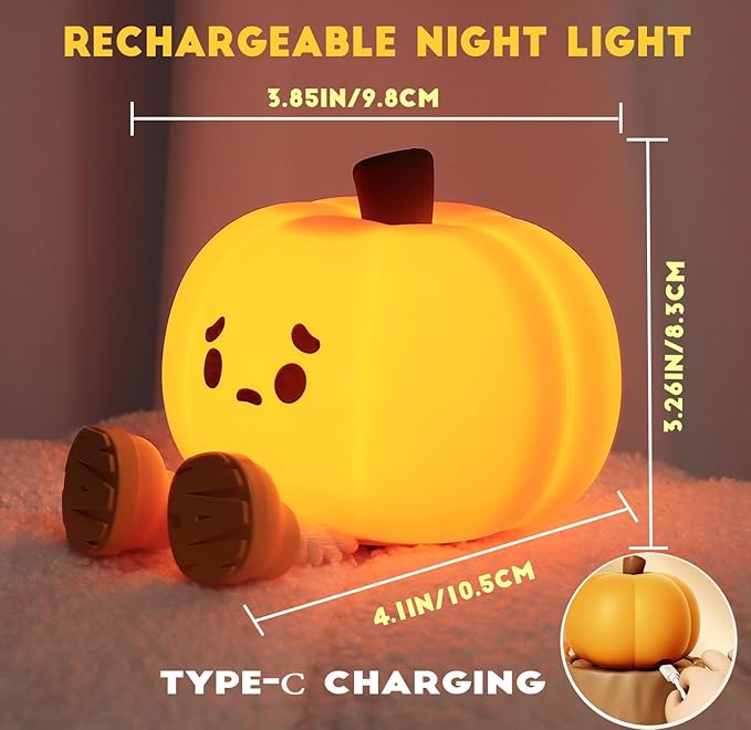 LED Pumpkin Night Light, 3 Level Dimmable Nursery Decor, Cute Lamp Silicone Squishy Light, Rechargeable Bedside Touch Lamp for Breastfeeding Toddler Baby Kids Decor