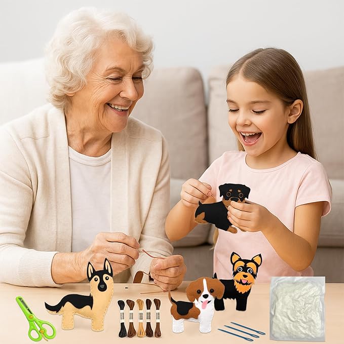 FYXGZZH Kids Beginner Sewing Kit – DIY Stuffed Craft Set with Pre-Cut Felt, Plastic Needle & Embroidery Thread, Educational Arts & Crafts for Boys & Girls Ages 6-12, Dog