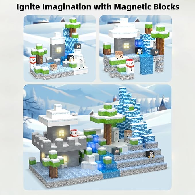 138 Pcs Magnetic Building Blocks, Enhance STEM Learning, Creative Play & Logical Thinking, Durable & Vibrant Color with Light Up Blocks, Ideal for Classroom & Screen-Free Entertainment (Glacier)