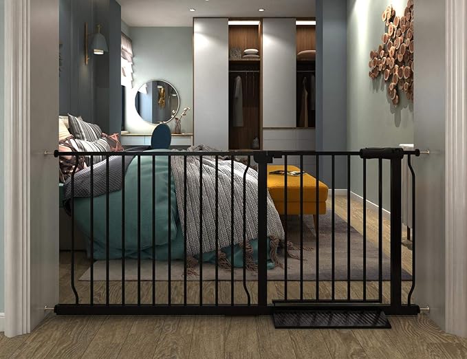 Extra Wide Baby Gate Extra Tall Tension Indoor Safety Gates Black Metal Large Pressure Mount Pet Gate Walk Through Safety Dog Gate for The House Doorways Stairs (57.48"-62.2"/146-158CM, Black)