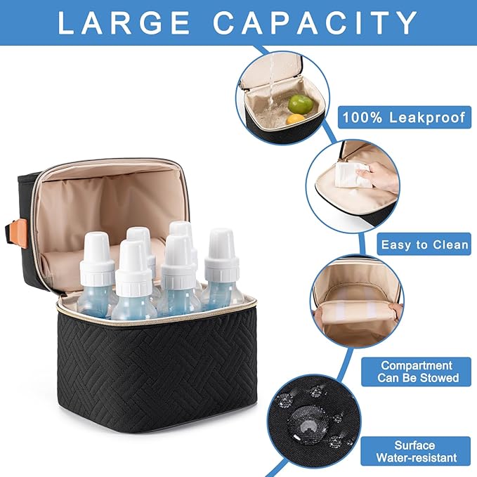 Breastmilk Cooler Bag with Ice Pack & Mat Fit 6 Bottles Up to 9 Ounce, Breast Milk Pump Cooler Bag for Moms Daycare,Work&Travel, Black
