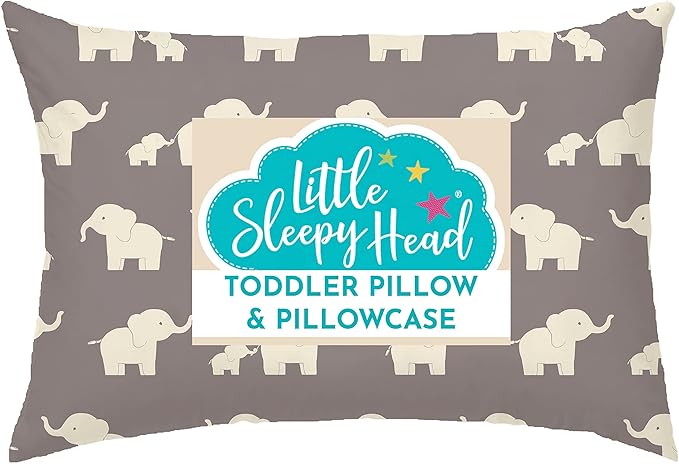 Little Sleepy Head Toddler Pillow with Pillowcase 13x18 - Kids Pillow for Sleeping - Better Neck Support Ergonomic Pillow and Toddler Pillowcase - Best Pillows for Kids (Elephant Gray)