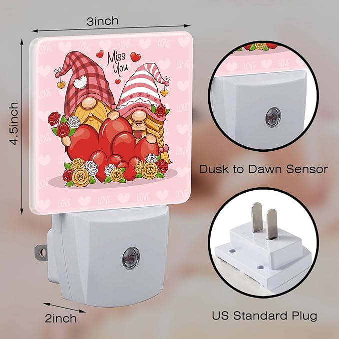 Valentine's Day Gnome Couple Night Light for Kids, Gnomes with Love Red Hearts Night Light Plug in with Dusk to Dawn Sensor,0.5w Energy Saving Nightlight for Hallway Stairway Kitchen Bedroom