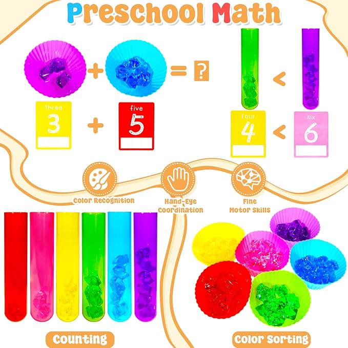 Rileryan 105 Pcs Test Tube Counting and Color Sorting Kit Sensory Bin Table Filler Accessories Fine Motor Skills Color Matching Rainbow Sorting Set with Acrylic Gems Crystals Sorting Bowls Cups Tools