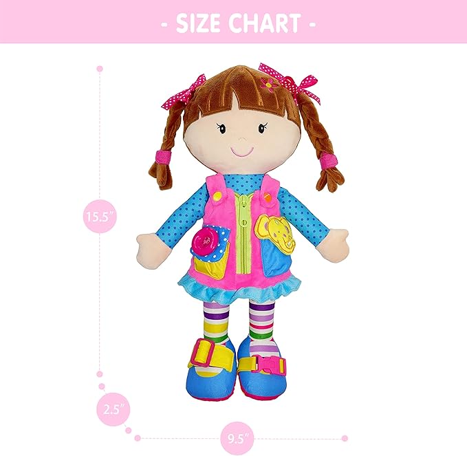 June Garden 15.5" Dressy Friends Belle - Educational Stuffed Plush Doll for Kids and Toddlers 2 Years and Up - Montessori Buckle Soft Toy