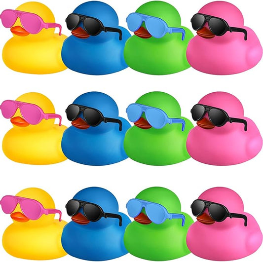 Chivao 12 Pcs Rubber Ducks with 12 Sunglasses/ Hats/ Headwear Small Mini Carnival Cruise Birthday Rubber Duckies Bathtub Toys in Bulk(Stylish Style,Bright Colors)