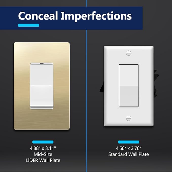 LIDER Screwless Metal-Surface Wall Plate, Decorator Switch Cover, Temperature and Impact Resistant, 201 Stainless Steel, Modern Decoration Upgrade, Mid-Size 1-Gang 4.88" x 3.11", Brushed Brass