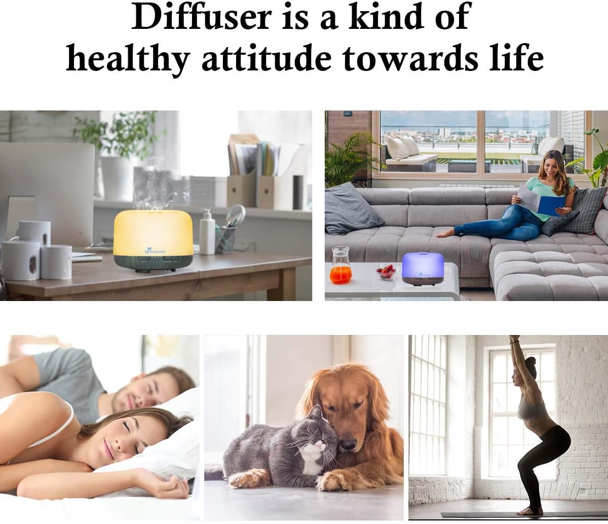 Diffuserlove Essential Oil Diffuser 500ML Aromatherapy Diffuser Mist Humidifiers 7 Color LED Lights Diffusers for Home Office Bedroom (Size:6.7" L x 6.7" W x 4.7" H)