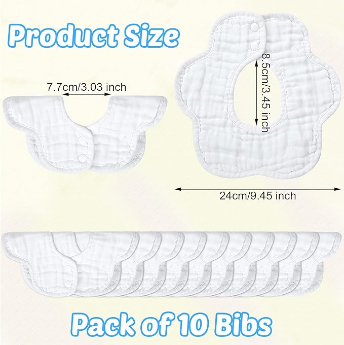 Geyoga 10 Pcs Baby Bibs 360° Rotate Baby Bandana Muslin Drool Bibs Petal Bibs Burp Gauze Cloths Absorbent Bib