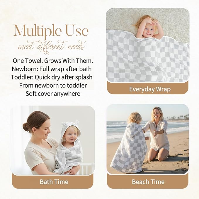 Ultra-Soft Muslin Baby Hooded Towel - 55 x 28 Inches, Ideal for Bath & Beach, Suitable for Both Boys & Girls from Newborns to Toddlers