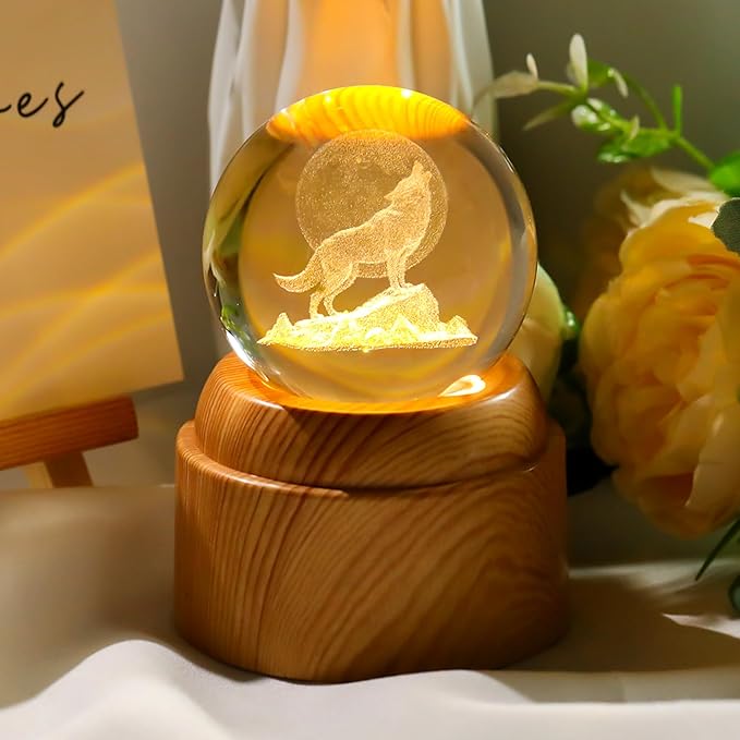 60mm 3D Wolf Crystal Ball with Rotatable Warm Light Wood Base, Wolf Gifts for Women Men Wolf Lovers, Wolf Figurines Decorations Lamp Night Lights