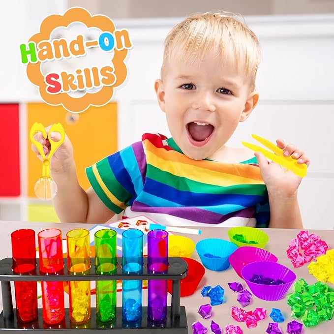 Rileryan 105 Pcs Test Tube Counting and Color Sorting Kit Sensory Bin Table Filler Accessories Fine Motor Skills Color Matching Rainbow Sorting Set with Acrylic Gems Crystals Sorting Bowls Cups Tools