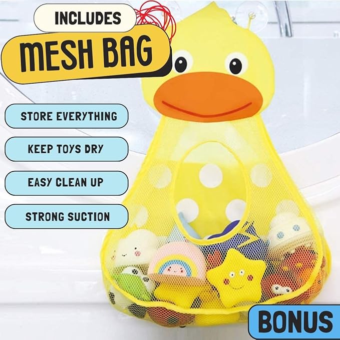 12 PCS Light Up Bath Toys with Duck Mesh Tub Storage Organizer, Toddler Flashing Color Changing LED Bathtub Mermaid Toy in Water for Kids