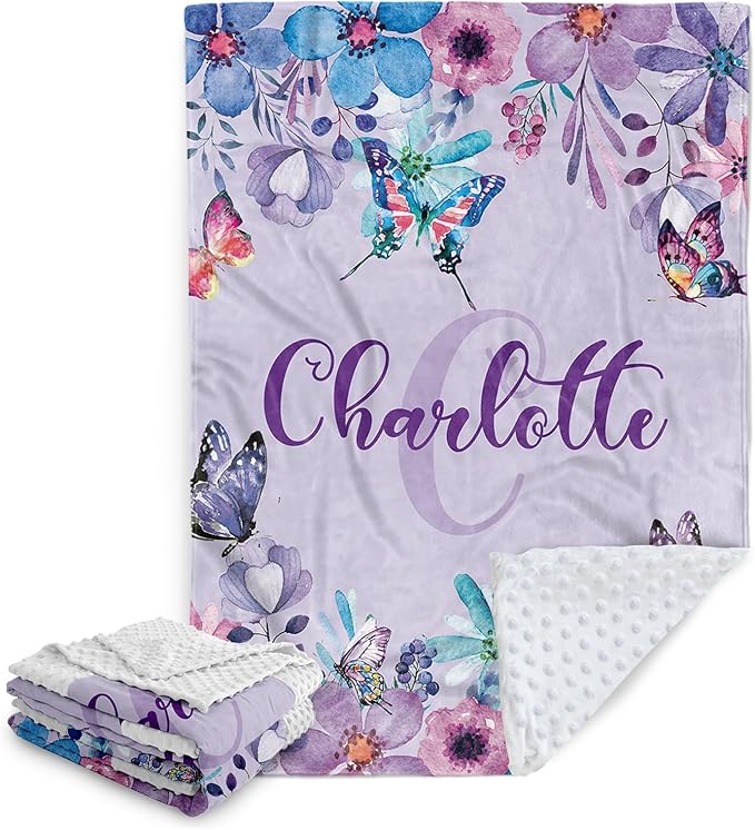 Personalized Baby Blanket, Custom Name Baby Blanket for Girl Boy, Purple Butterfly Double Layer Dotted Backing Receiving Swaddle Blankets, Toddlers Infants New Parents Customized Gifts(30"x40")