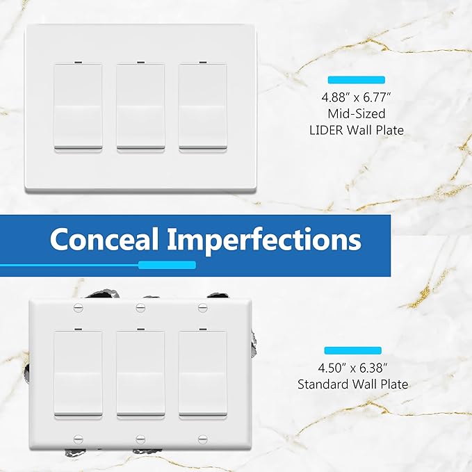 LIDER Brushed Finish Decorator Switch Cover, Screwless Wall Plate, Mid-Size 3-Gang 4.88" x 6.77", Unbreakable Polycarbonate Thermoplastic, UL Listed, LSWP-33M-W2P, White, 2 Pack