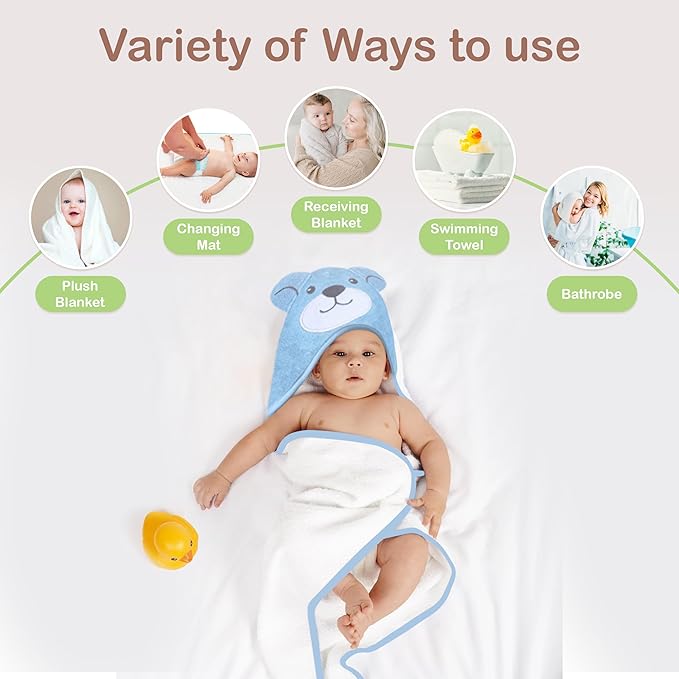 Mother's Choice Organic Baby Hooded Towel - Large Size, Cotton, Ultra-Soft & Absorbent Bath Towel for Newborns, Infants, Toddlers, Boys & Girls with Animal Hood (Blue Bear)