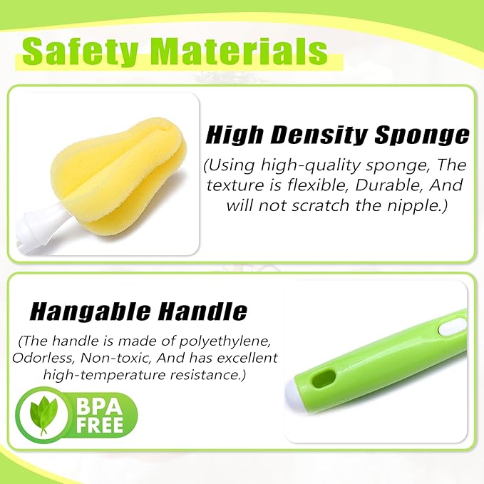 INVODA Nipple Brush 4PCS Sponge Bottle Brushes with 4 PCS Straw Brush Baby Bottle Nipple Cleaner Brush Long Handle Detachable Nipple Brushes (Yellow)