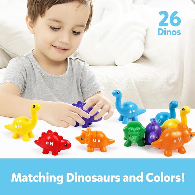 Matching Letters Counting Dinosaur Toys with Double-Sided ABC Alphabet Preschool Learning Uppercase Lowercase Sensory Sorting Educational Montessori Toy Sets for Kids Toddler Aged 3+ Years Old