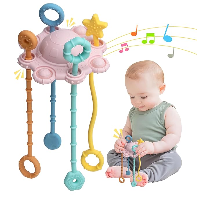 Montesorri-Toys - Pull String Toys for Baby - Made of 100% Food Grade Silicone with Built-in Rattle Function and Easy to Clean Design (Pink)