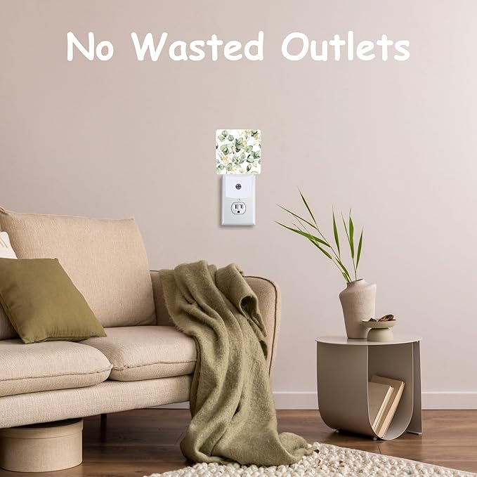 Night Light,Watercolor Eucalyptus Leaf Plug-in Night Light Auto Dusk-to-Dawn Sensor Gold and Green Leaves Energy Efficient LED Lamp for Room Decor,Hallway,Kitchen,Bathroom,Nursery,Stairs