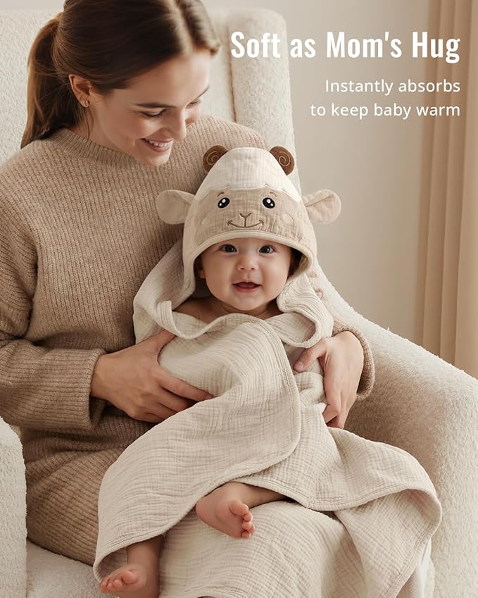 Blissful Diary Muslin Baby Hooded Towel 2 Pack, Soft & Absorbent Bath Towel for Infant, Toddler, Unisex, Baby Gift, Newborn Essentials, Bear & Lamb