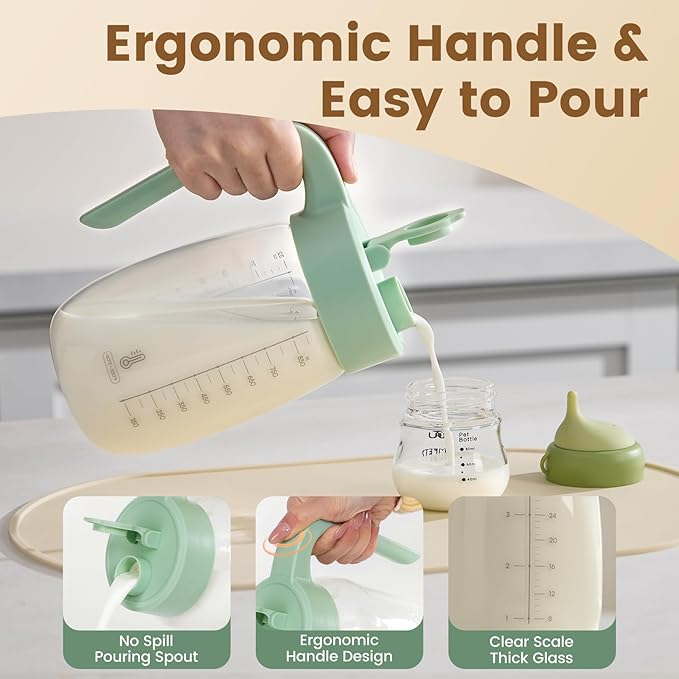 Breast Milk Pitcher Glass Resistant to Heat and Cold, 32 oz Leak-Proof Formula Storage Container with Wide Mouth, Milk Storage Bottle Container for Formula, Preparing Bottles, and Breastmilk Storage