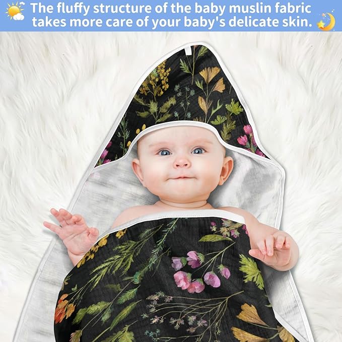 Pigsaly Watercolor Wild Flowers Hooded Baby Towel Meadow Herbs Leaves Baby Bath Towel Unisex Soft Organic Cotton Washcloths Toddlers Shower Gifts for Boys Girls Newborn 30 x 30 in