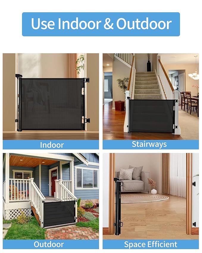 Retractable Baby Gate for Doorways and Stairs, Mesh Safety Gate for Pet, Indoor & Outdoor Use, One-Hand Operation, Easy Installation, 33.6" Tall, Expands to 55" Wide（Black,33.6"x55"