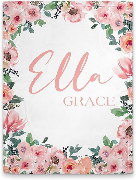 Girls Love A Monogram - Personalzied Floral Baby Blankets for Girls - Custom Baby Blankets for Girls with Name - Personalized Baby Girl Shower Gifts (Pink Blushing 2, 50 X 60 Kids)