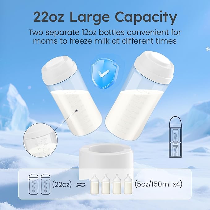 Portable Breast Milk Cooler for Travel, 22oz Large Capacity Breastmilk Chiller for Working Moms, 360° Cooling Keeps Milk Chilled 24 Hours, Includes 2 Baby Bottles, Breastfeeding Essentials