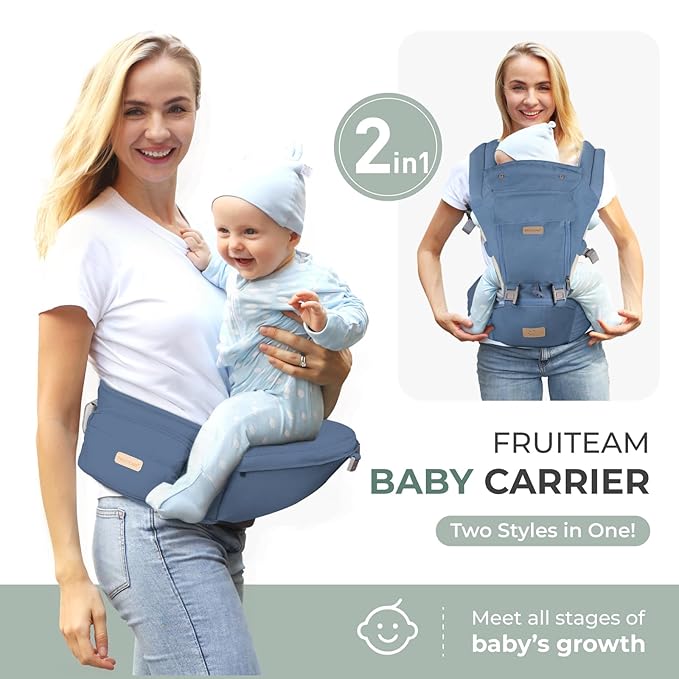 FRUITEAM 6-in-1 Baby Carrier with Waist Stool/Hip Seat, One Size Fits All -Adapt to Newborn, Baby Hip Carrier for Breastfeeding, Infant & Toddler, Dark Blue