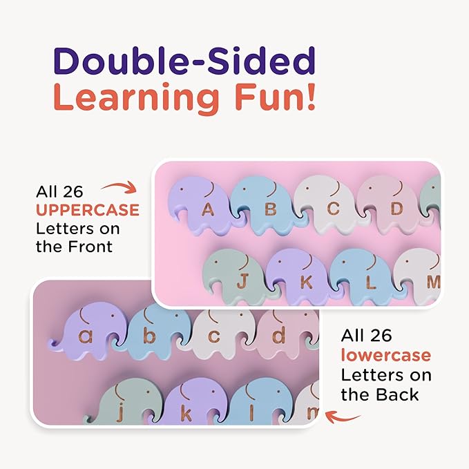 Montessori Natural Wooden Alphabet Elephants - 26-Piece Snap-Together ABC Learning Toy with Upper & Lowercase Letters - Educational Fine Motor Skills & Vocabulary Building for Toddlers & Kids Ages 3+