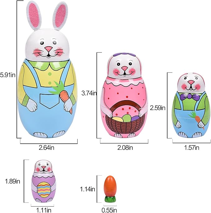 Russian Nesting Dolls, Stacking Wooden Handmade Matryoshka Dolls, 5 Pcs 6 ''Tall Animal Nesting Easter Eggs Toys for Kids Toddlers Birthday or Home Decoration Gift (Rabbit)