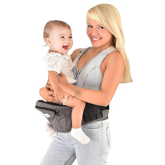 Baby Carrier with Hip Seat - with Lumbar & Back Support – Adjustable Waistband with Strong Support - Health Certified, Machine Washable, Fits Medium–Large (Black) (Grey)