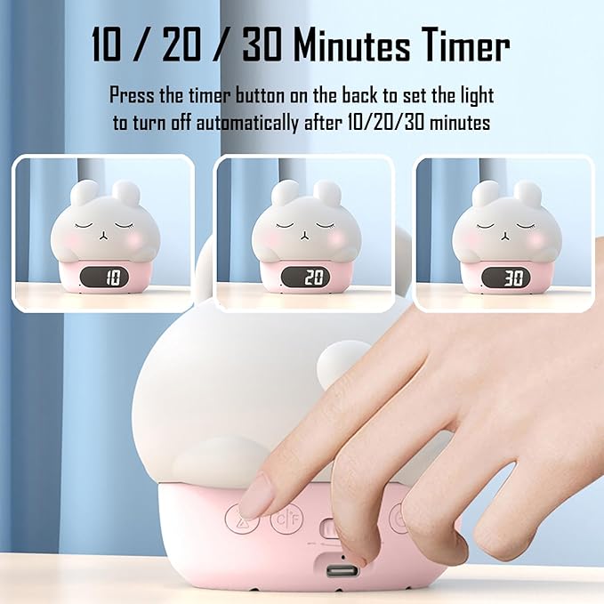 Cute Bunny RGB Rechargeable Night Light, Soft Silicone Lampshade, Adjustable Brightness LED Clock, Date, Alarm, Thermometer, Timer, Tap Control, Bedroom Lamp, Gift for Girl and Kid (White Bunny)
