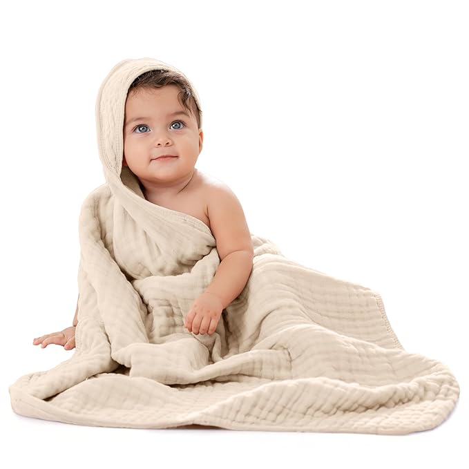 Comfy Cubs Hooded Baby Towel 1-Pack, Large 32 x 32 Inch - 6 Layer 100% Muslin Cotton for Babies, Toddlers and Kids - Soft & Absorbent Baby Bath Towels - Unisex Design for Bath Time - Sand