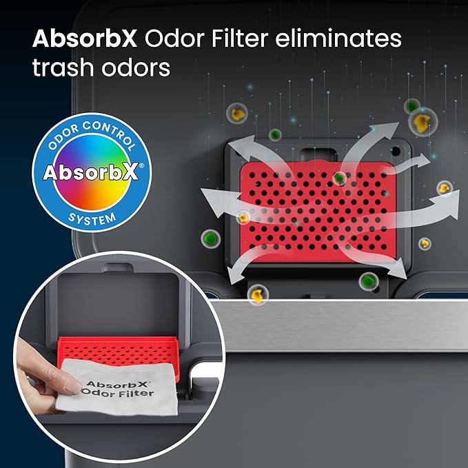 iTouchless SoftStep 13.2 Gal / 50L Step Pedal Kitchen Trash Can with Odor Filter, Durable Dent-Proof Construction and Stainless Steel Trim, Garbage Bin with Lid for Home Office, Bedroom, Gray Plastic