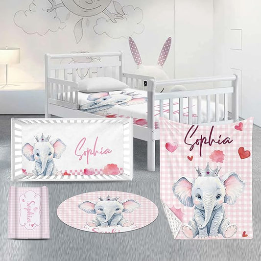 Custom Nursery Crib Bedding Set: Personalized Name 4 Piece Pink Checkered Elephant Pattern Baby Crib Sets for Girls - Toddler Double Layer Blanket Set, Comfortable Crib Bed Sheets for Baby Toddlers