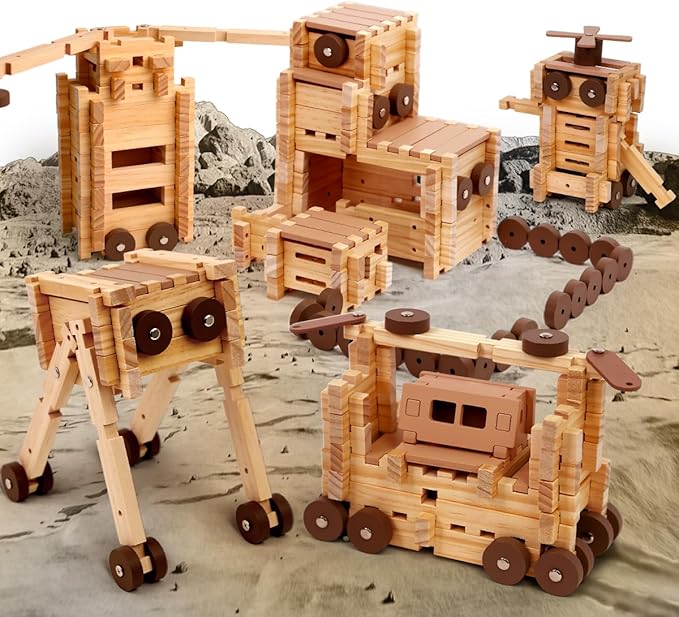 Jovi-mindly＆Notchies Space Wooden Blocks Set 101 PCS Create 40+ Shapes,Toys Educational Wooden Building Blocks Puzzles for Kids Ages 5-8 Boys and Girls,Truck/Excavator,FSC Certified