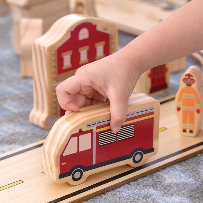Kaplan Early Learning Community Block Set - 20 Pieces, Wooden Town Building Blocks for Dramatic Play and Storytelling, Includes School, Hospital, Bakery, Vehicles, and More for Toddlers, Ages 2+