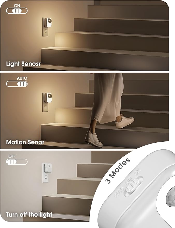 JandCase Motion Sensor Night Light, Night Lights Plug into Wall 2 Pack, 3000K/4000K/5000K Motion Activated Night Light, Light Sensor & Motion Sensor Nightlight for Bedroom, Stairs, Hallway