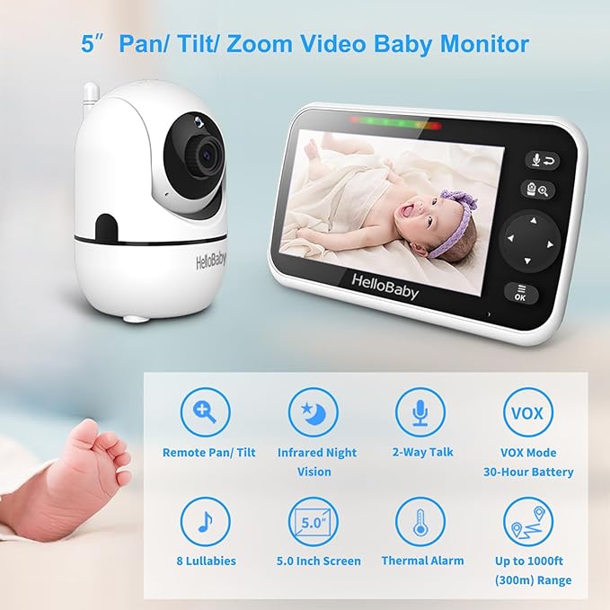 HelloBaby Baby Monitor No WiFi with Crib Clip, 5'' Screen and 30-Hour Battery Life, Baby Monitor with Camera and Audio, Flexible Clamp Mount with Long Gooseneck Arm by Hello Baby