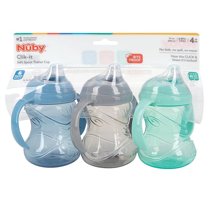 Nuby 3 Piece No-Spill Grip N’ Sip Cup with Soft Flex Spout, 2 Handle with Clik It Lock Feature, Neutral,10 Ounce