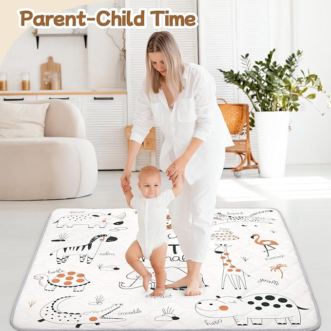 Baby Play Mat for Floor,Soft 50x50 Playpen Mat,Thick Foam Cushioned Playmat for Tummy Time,Safe Non-Slip Backing for Crawling for Kids Toddlers Infants,Line Animals