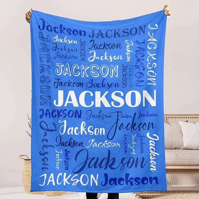 Custom Blanket with Name for Kids Boys Girls, Personalized Name Throw Blanket Sapphire Blue, Cozy and Fluffy Crib Blankets for Birthday Christmas, Customized Toddler Receiving Blankets for New Moms