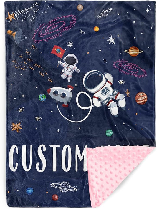 Custom Name Baby Blanket – Plush Flannel Receiving Swaddle with Double-Layer Dotted Backing – Astronauts and Blue Space Theme for Infants and Toddlers