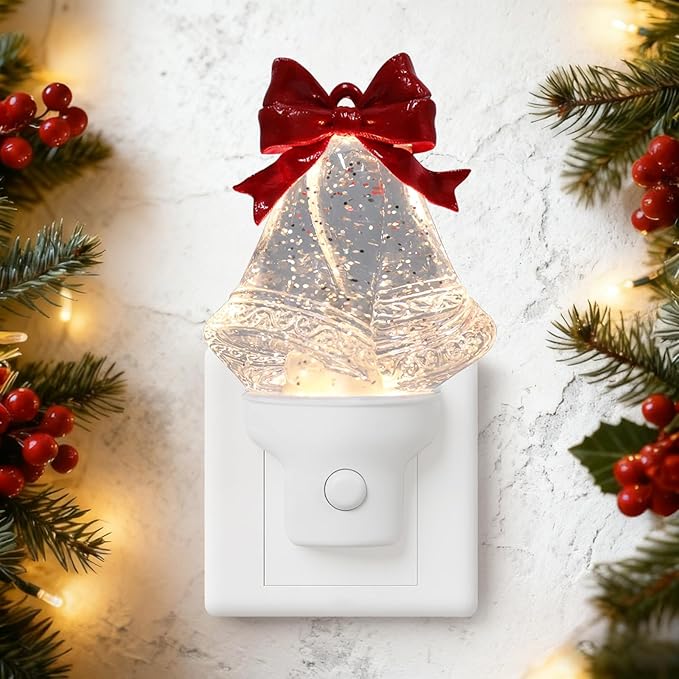 Christmas Night Light Plug into Wall Swirling Glitter USB Portable Christmas Decorative Night Light Decoration for Kids Adults Bedroom Kitchen Living Room Holiday Decor (Bells)