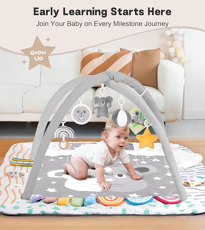 Baby Play Mat Activity Gym with Tummy Time Pillow, 6 Developmental Zones Tummy Time Mat, 6 Detachable Sensory Toys and Educational Cards, Essential Baby Shower Set, Grey Koala