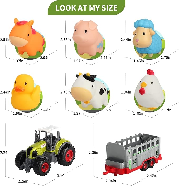 Oriate Farm Tractor Carrier with Cartoon Farm Animals and Playmat, 6 Pack Bath Squirter Silicone Rubber Farm Animal Toys, 47.2” x 31.5” Happy Farm Play mat, Birthday Gifts for Kids